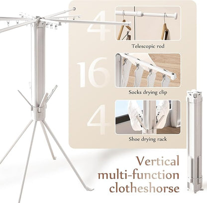 Four-Legged Clothes Drying Rack, Foldable & Collapsible Laundry Drying Rack, Drying Rack Clothing with Sock Clips & 4 Shoe Holders, Space-Saving Rack for Indoor and Outdoor Use