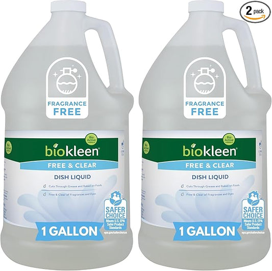 Biokleen Free & Clear Dish Soap - Dish Liquid, Dishwashing Cleaner, Eco-Friendly, Non-Toxic, Plant-Based, No Artificial Fragrance, Colors or Preservatives, Unscented (Pack of 2)