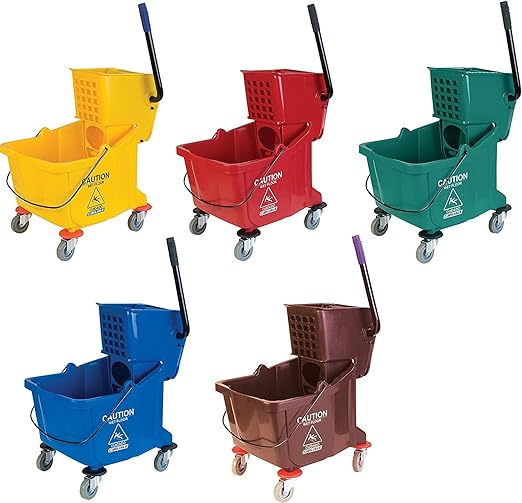 Carlisle FoodService Products 26-Quart Commercial Mop Bucket with Side-Press Wringer, Precision-Molded Polypropylene, Durable Wringer, Bucket with Non-Marking Casters, 18.5 x 16.5 x 23 Inches, Yellow