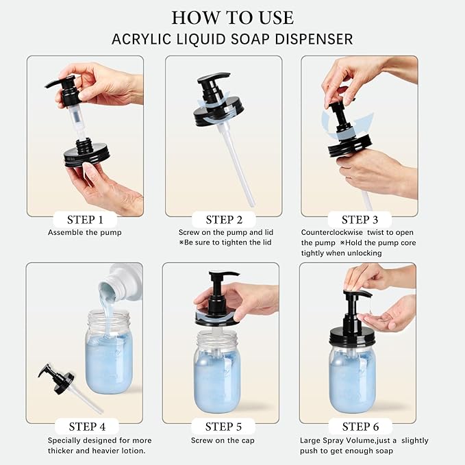 Amolliar Plastic Mason Jar Soap Dispenser with Pump Lid,16OZ Refillable BPA-Free Hand Soap Dispenser Set with Cute Lables - for Kitchen/Bathroom, Liquid Soap, Dish Soap, Lotion (2 Pack, Gold)
