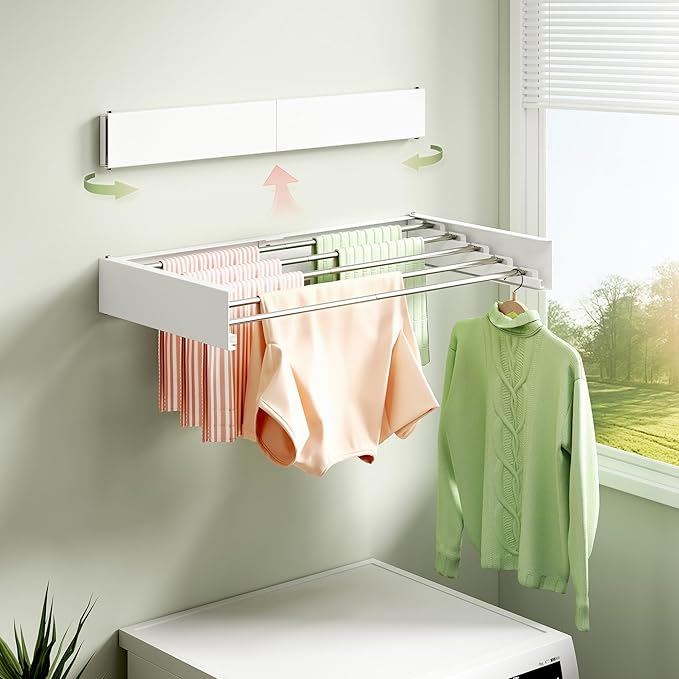 Clothes Drying Rack Wall Mounted 32“,Drying Rack Clothing Wall Mount,Laundry Drying Rack,Wall Mounted Clothes Hanging Rack (White)