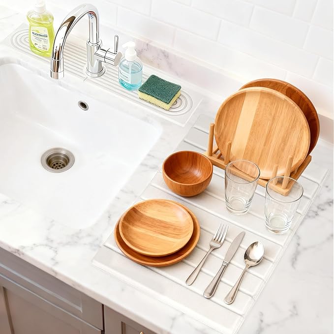 2-in-1 Stone Drying Mat Kit – Faucet Mat for Kitchen Sink & Drying Stone for Countertop, Quick Dry Diatomaceous Earth Dish Mat Set, Foldable & Non-Slip for Dishes & Bottles