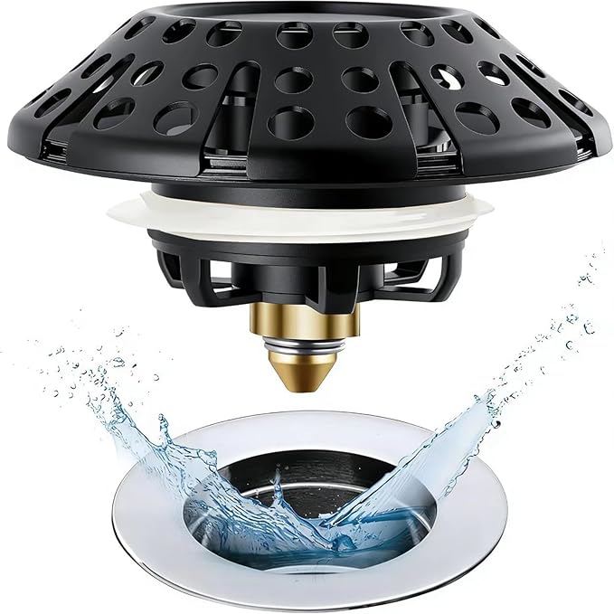 Bathtub Drain Stopper, Pop Up Tub Stopper Plug with Bathtub Drain Hair Catcher Cover, Universal for 1.45 in to 1.8 in Tub Drain, Matte Black