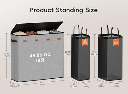 Laundry Hamper 4-Section with Lid, 185L Laundry Sorter with 4 Removable Bags + 1 Extra Large Bag, Switchable 3/4 Compartment, Laundry Basket Organizer for Bedroom, Laundry Room，Grey