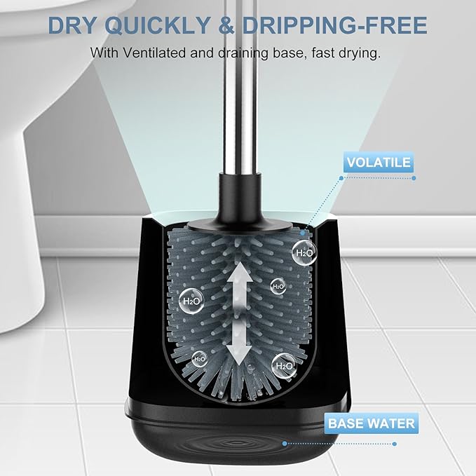 SetSail Silicone Toilet Bowl Brush and Holder Automatic Toilet Brushes for Bathroom with Holder Ventilated Toilet Cleaner Brush for Toilet Scrubber Cleaning - Black (2 Packs)