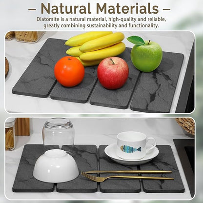 Small Stone Dish Drying Mat for Kitchen Counter, 2 PCS 16"×12" & 8"x4" Quick Dry Stone Mats, Foldable Water Absorbing Diatomite Drying Dish Pad for Countertop Bottles Utensils Cups(Dark Gray Ink)