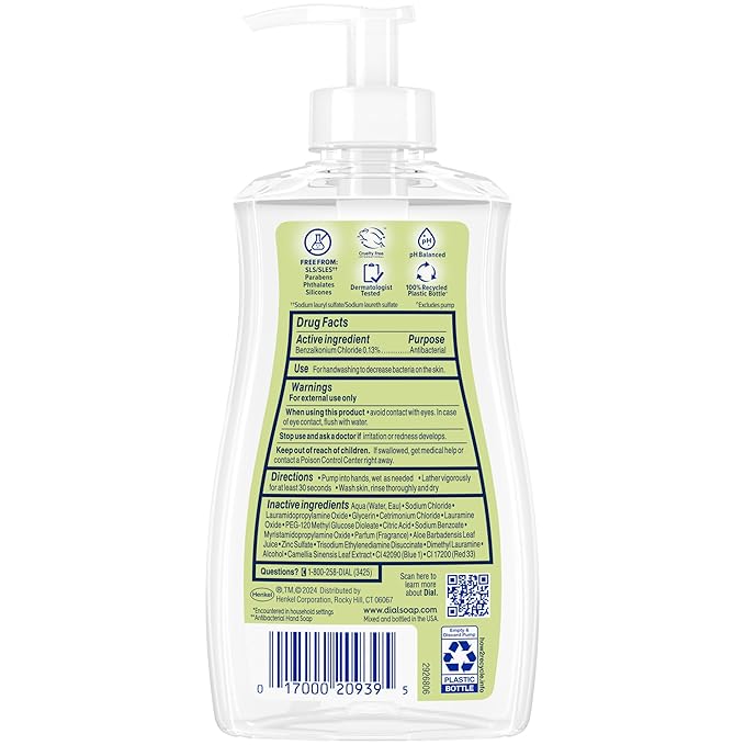 Dial Antibacterial Defense Liquid Hand Soap + Aloe, White Tea Scent, 11 Fl Oz (Pack of 4), Dermatologist-Tested Hand Wash, Gentle Formula