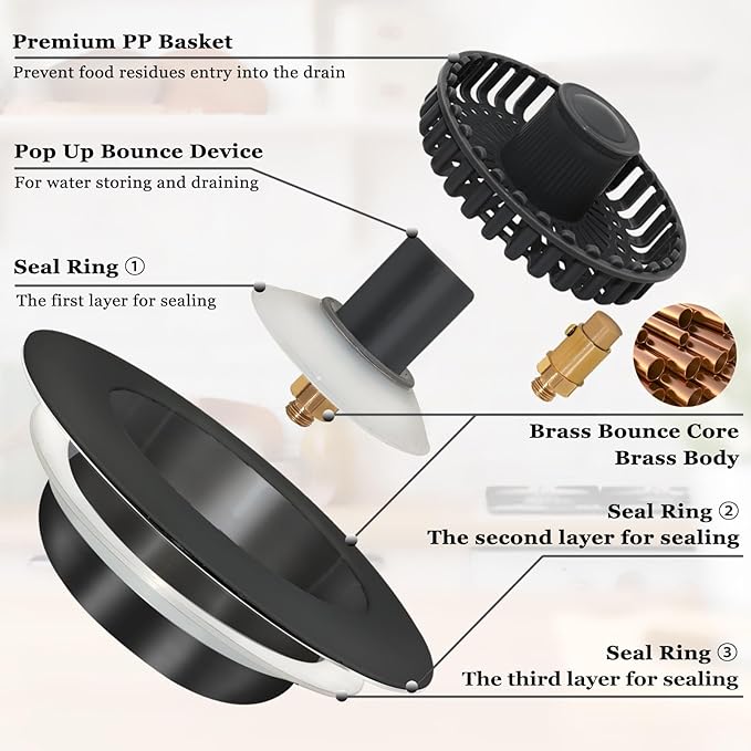 BAOLSLS 3 in 1 Kitchen Sink Stopper, Pop Up Kitchen Sink Drain Strainer, with an Extra Basket Strainer, Kitchen Sink Drain Stopper for US Standard 3-1/2 Inch, Brass Material Electroplate Black