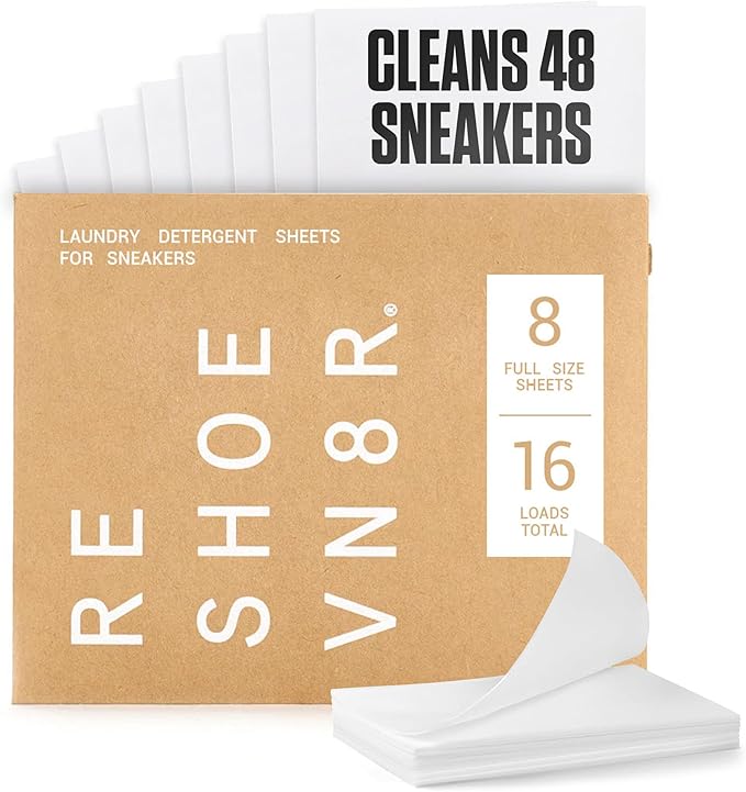 RESHOEVN8R Shoe Wash Detergent Sneaker Laundry Sheets – 16 Loads, Cleans 48 Shoes – Eco-Friendly Shoe Cleaner for Washer – Safe on All Shoes, Laces and Other Shoe Materials