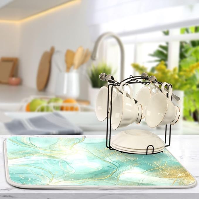 Dish Drying Mats for Kitchen Counter Green Turquoise Cyan Mint Liquid Microfiber Drying Matt for Countertop Sink Dishes Medium 16 x 18 Inches