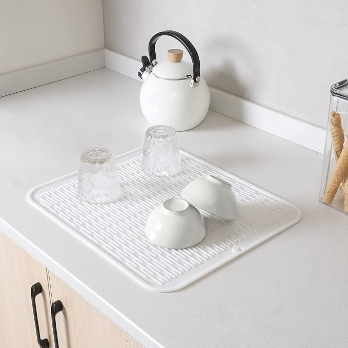 MicoYang Silicone Dish Drying Mat for Multiple Usage,Easy clean,Eco-friendly,Heat-resistant Silicone Mat for Kitchen Counter or Sink,Refrigerator or Drawer Liner White XL 18 inches x 16 inches