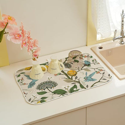 Boho Dish Drying Mat 18x24 Inch Vintage Lemon Floral Blue Bird Drying Mat Chinoiserie Flower Spring Summer Seasonal Absorbent Dish Drying Pad Dish Rack Drainer Mats for Kitchen Dining Counter