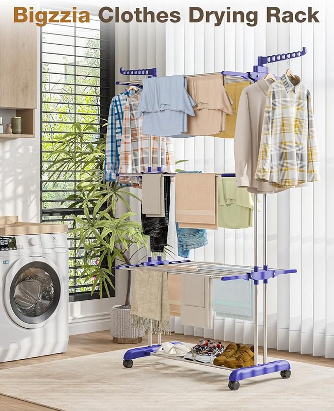 Bigzzia Clothes Drying Rack, Folding Stainless Steel Drying Rack Clothing Indoor Outdoor, Space-Saving, 4 Tier Laundry Drying Rack with Two Side Wings Grey Blue