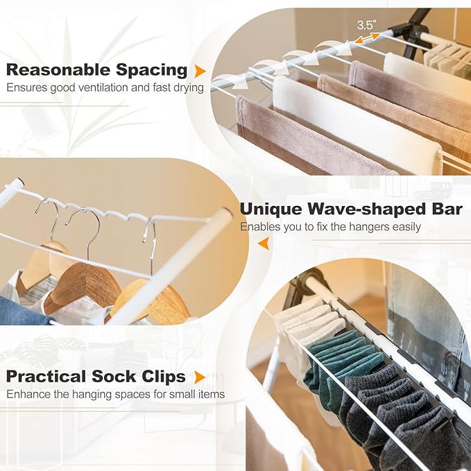 Tangkula Laundry Drying Rack, Foldable Clothes Drying Rack with Height Adjustable Wings, 33 Drying Rails & Sock Clips, Freestanding Gullwing Garment Stand for Indoor & Outdoor Use (White+Grey)