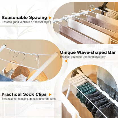 Tangkula Laundry Drying Rack, Foldable Clothes Drying Rack with Height Adjustable Wings, 33 Drying Rails & Sock Clips, Freestanding Gullwing Garment Stand for Indoor & Outdoor Use (White+Grey)