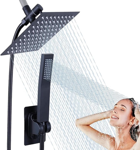 Rainfall Shower Head with Handheld Combo High Pressure, Dual Shower Head 8 Inch Square with Long Hose, Rain Showerhead with Handheld Sprayer(black)