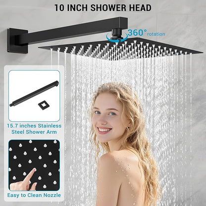 Shower Faucet set with Shower head, Wall Mount 10 Inch Square Rainfall Shower Head and Handle Set Single Handle Shower System Set with Female Threads Valve Body and Trim Included(Matte Black)