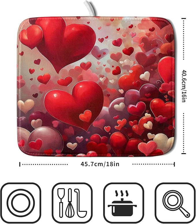 Valentines Day Dish Drying Mat for Kitchen Counter 18x16 Inch Red Heart Drying Mat with Absorbent Reversible Microfiber Holiday Love Dish Drainer Mats Rack Pad for Coffee Countertop Protector