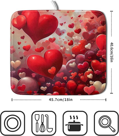 Valentines Day Dish Drying Mat for Kitchen Counter 18x16 Inch Red Heart Drying Mat with Absorbent Reversible Microfiber Holiday Love Dish Drainer Mats Rack Pad for Coffee Countertop Protector