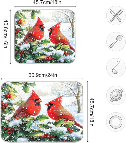 Red Cardinals Holly Bush Christmas Dish Drying Mat for Kitchen Counter Absorbent Microfiber Drying Pad, Medium 16x18 in