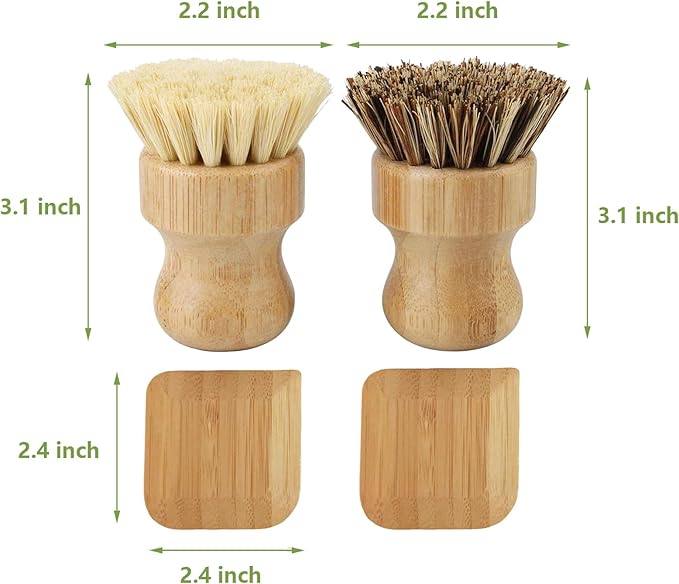 Bamboo Dish Scrub Brush with Bamboo Pan Scraper,Sisal Coconut Palm Round Brush,Effectively Use for Kitchen Pots, Bowls, Plates, Cutting Boards and Vegetables Cleaning Without Scratching
