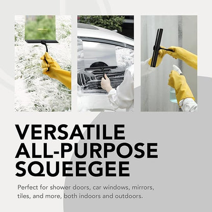 Metal Squeegee – Stainless Steel Window Cleaner Removes Water and Soap on Shower Doors, Car Windshields, Glass, with Soft Silicone Blade, Includes Hanging Hook and Screwdriver, Black