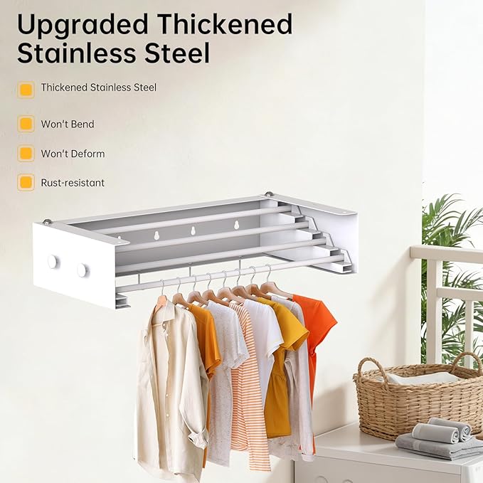 Wall Mounted Drying Rack with Hooks - Retractable Clothes Drying Rack with 4 Movable Hooks & 2 Knobs, 60LBS Heavy Duty Laundry Hanger, Foldable Wall Rack for Mudroom, Bathroom & Entryway
