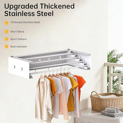 Wall Mounted Drying Rack with Hooks - Retractable Clothes Drying Rack with 4 Movable Hooks & 2 Knobs, 60LBS Heavy Duty Laundry Hanger, Foldable Wall Rack for Mudroom, Bathroom & Entryway