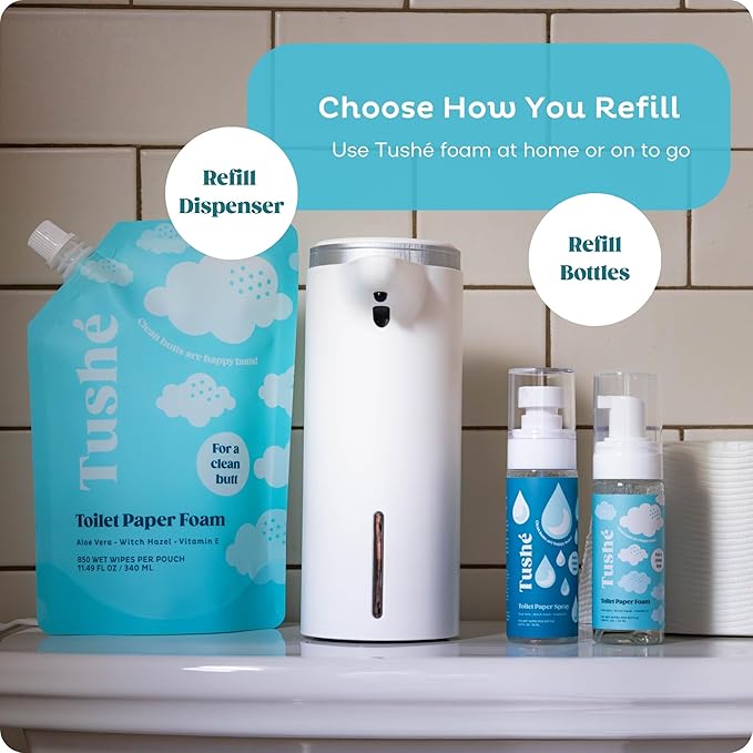 TUSHÉ Toilet Paper Foam Spray Refill – Flushable Wet Wipe Alternative for Sensitive Skin – Unscented, Septic Safe – Aloe Vera, Witch Hazel & Vitamin E – 340ml (11.49 fl oz)