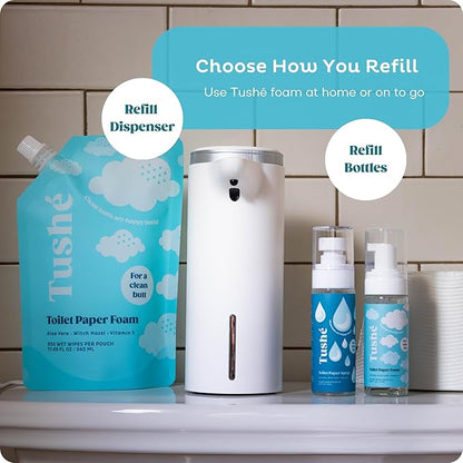 TUSHÉ Toilet Paper Foam Spray Refill – Flushable Wet Wipe Alternative for Sensitive Skin – Unscented, Septic Safe – Aloe Vera, Witch Hazel & Vitamin E – 340ml (11.49 fl oz)