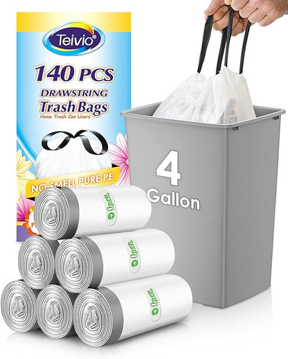 4 Gallon 140 Counts Strong Drawstring Trash Bags Garbage Bags by Teivio, Bathroom Trash Can Bin Liners, Small Plastic Bags for home office kitchen, White