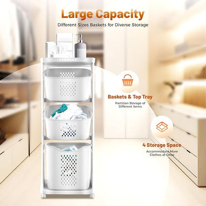 Rolling Laundry Hamper Storage Sorter, 3 Tier Rolling Laundry Hamper Cart White Laundry Baskets with Wheels for Kitchens Bathrooms Bedrooms Classrooms Laundry Rooms