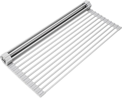 Surpahs 20.5 x 15.5 Inch Roll-Up Dish Drying Rack, Fits Across Sink Openings up to 19.5 Inches, Heavy-Duty Premium Silicone, Strong Support, Non-Slip, Heat-Resistant, Warm Gray