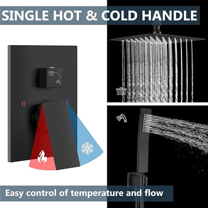 Aolemi Matte Black Ceiling Mount Rain Shower Head with Handheld Spray and High Pressure Faucet Set, Includes 16 Inch Shower Head and Trim Kit