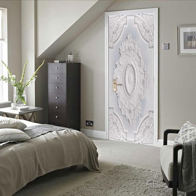 A.Monamour 3D Door Stickers for Interior Doors Luxury White Wall Design with Flowers Relief Moldings Vinyl Waterproof Self Adhesive Door Mural Decals for Bedroom Office Bathroom 77x200cm