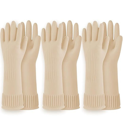 Reusable Waterproof Household Dishwashing Cleaning Rubber Gloves, Non-Slip Kitchen Glove (Ivory, Medium (Pack of 3))