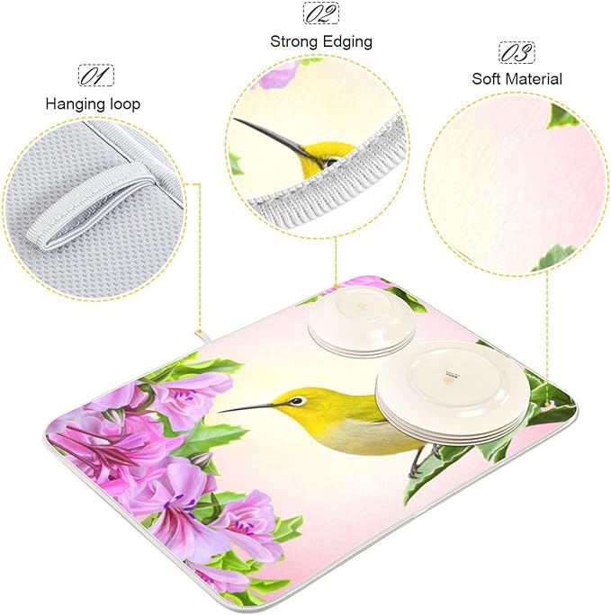 Hummingbird Dish Drying Mat Absorbent Kitchen Pads for Counter Kitchen Dish Dryer 16 x 18 Mat under Dish Drainer