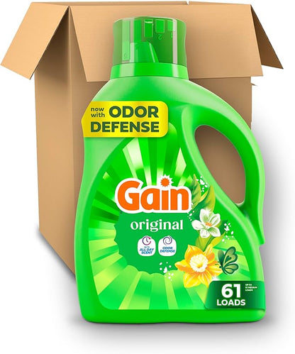 Gain Liquid Laundry Detergent, Now with Odor Defense, Original Scent, 88 fl oz, 61 Loads (Packaging May Vary)