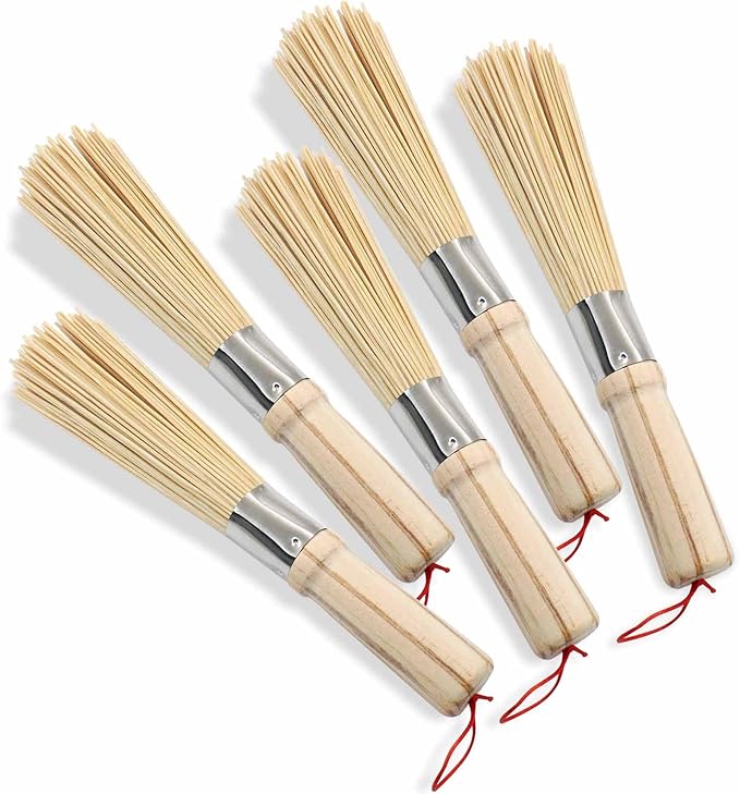 5 Pack Natural Bamboo Wok Brush, Traditional Kitchen Pan Cleaning Brush, 10-Inch Length