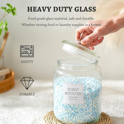 FyndraX Laundry Pods Glass Jars - Half Gallon Airtight Containers with Scoop and Labels for Organization and Storage Laundry Room Detergents Powder, Scent Booster Beads Holder, Set of 2
