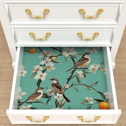 Teal White Bird Floral Wallpaper Peel and Stick, Fresh Orange Tree Contact Paper, Self Adhesive Removable Retro Flower Wall Mural Wall Paper for Room Walls Shelves Cabinet Table Decor 17.5" x 118"