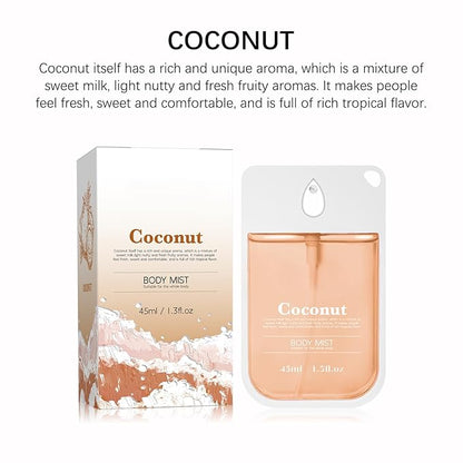 Coconut Body Mist for Women and Men– Refreshing Tropical Scent Spray with Natural Oils, Lightweight Hydrating Formula for Daily Use, After Shower or On-the-Go – 45ml / 1.5 fl oz