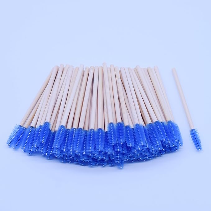 100 Pcs per Container Disposable Wood Mascara Wands, Bamboo Spoolies Brush for Eyelash Extensions, Spooly Eyebrow Brushes Lash Wand Applicator Stick (Blue)