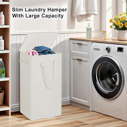 Odonata 75L Slim Laundry Hamper with Lid,Large Foldable Laundry Basket with Removable Bag and Handles Tall Collapsible Dirty Clothes Basket Great for Bedroom, Bathroom, Dorm, College,RV. (Beige, 75L)