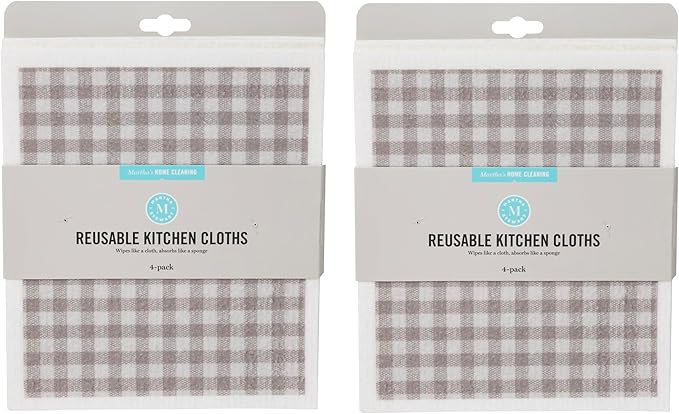 Martha Stewart Swedish Kitchen Absorbent Sponge Dish Cloths, Grey Gingham, 8 Count