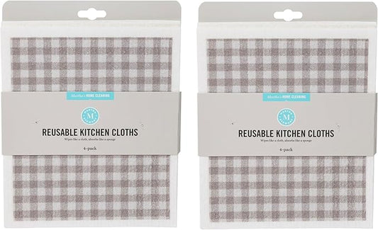 Martha Stewart Swedish Kitchen Absorbent Sponge Dish Cloths, Grey Gingham, 8 Count