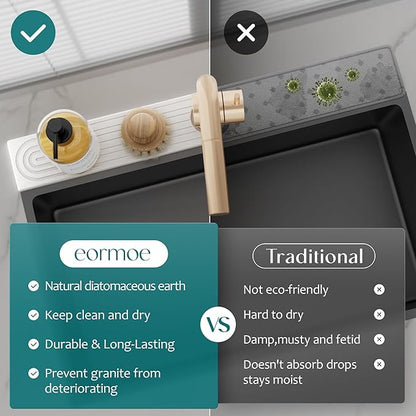 eormoe Faucet Mat for Kitchen Sink - Wider Diatomite Fast Drying Stone Sink Tray, Super Absorbent, Prevents Moisture Buildup - Faucet Splash Guard for Bathroom Counter (Light Grey, 15x5.3inch)