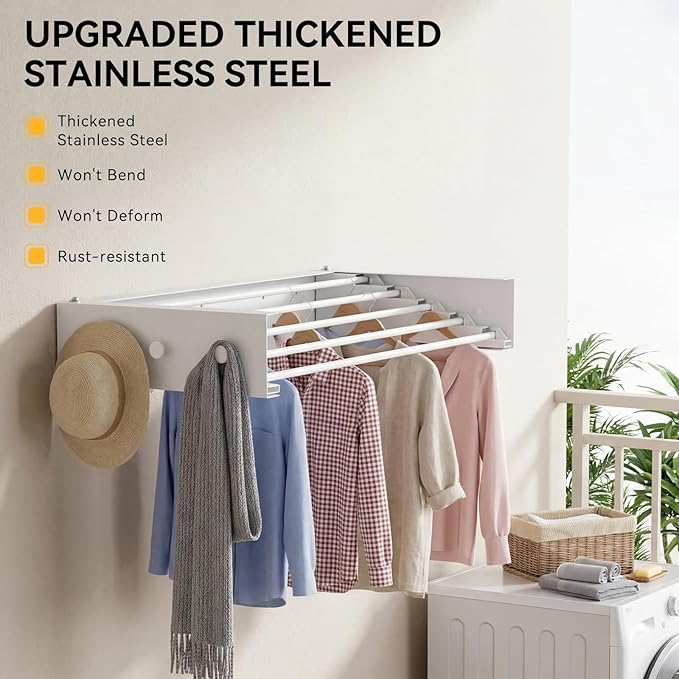 Extra Wide 42.52" Laundry Drying Rack Wall Mount - Retractable Clothes Drying Rack with 6 Hooks & 6 Knobs, Heavy Duty 60LBS Metal Airer, Large Foldable Wall Hanger for Indoor