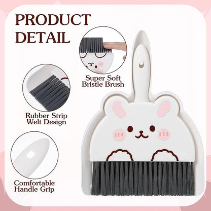 Ouligay Portable Mini Dustpan and Brush Set,Cute Small Broom and Dustpan Set with Durable Brush,Lightweight Dust Pan and Broom Set for Desktop Small Space Cleaning(White Rabbit)