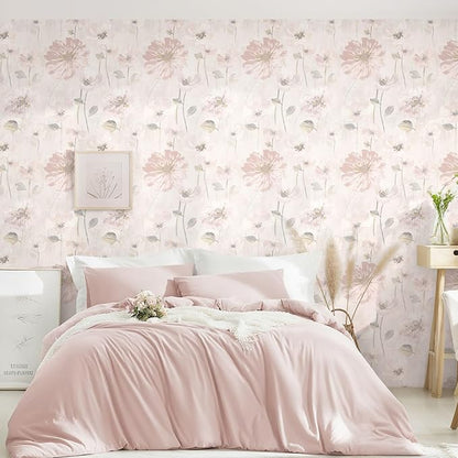 Ismoon 17.3''x362.2''Peel and Stick Wallpaper Vintage Floral Contact Paper Watercolor Pink Removable Self-Adhesive Wallpaper for Bathroom Bedroom Nursery Wildflower Botanical Wall Paper Vinyl Decor